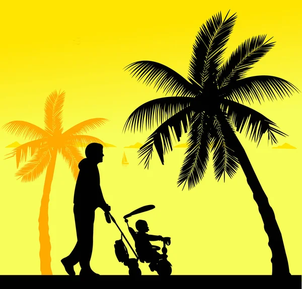 Father walking with his baby on a tricycle on the beach — Stock Vector