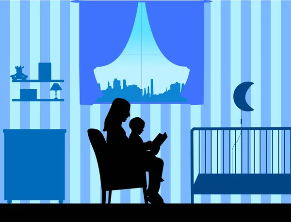 Madre leyendo a su hijo un cuento para dormir en la habitación — Vector de stock