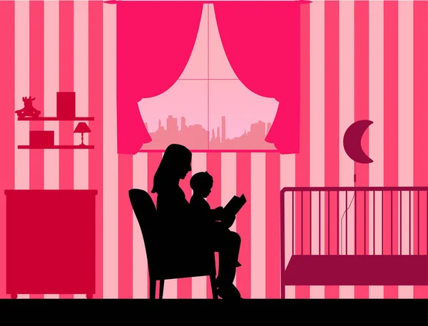 Мама читает своей дочери сказку на ночь в комнате — стоковый вектор