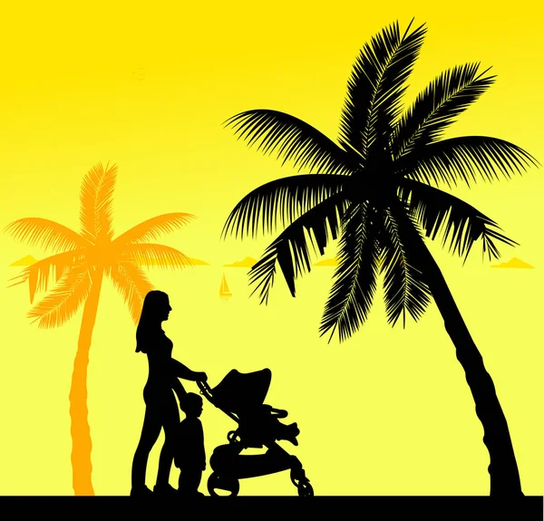 Matka, spacery z dziećmi na plaży — Wektor stockowy