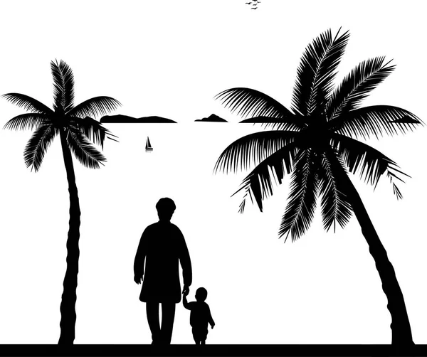 Бабуся гуляє з онуком на пляжі — стоковий вектор
