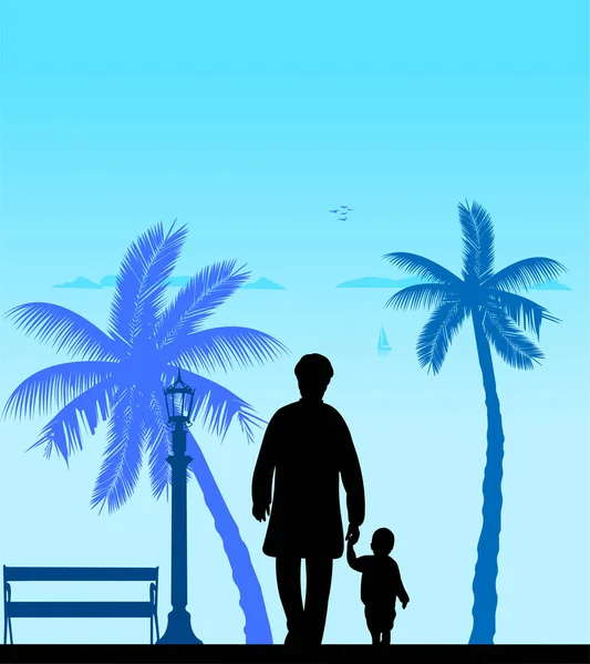 Grandmother walking with her grandson on the beach — Stock Vector