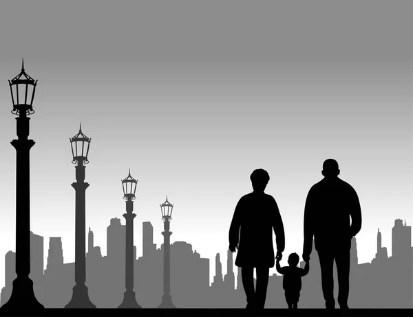 Grand-mère et grand-père marchant avec petit-enfant dans la rue — Image vectorielle