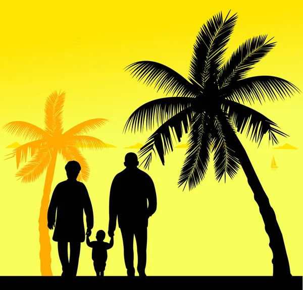 Γιαγιά και ο παππούς με το εγγόνι το περπάτημα στην παραλία — Διανυσματικό Αρχείο