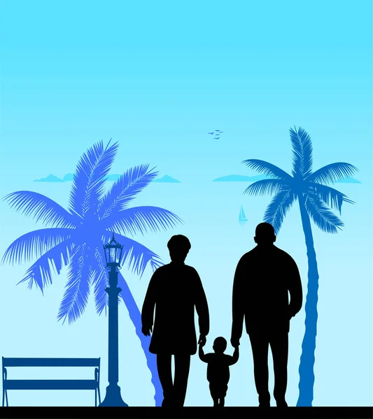 Γιαγιά και ο παππούς με το εγγόνι το περπάτημα στην παραλία — Διανυσματικό Αρχείο