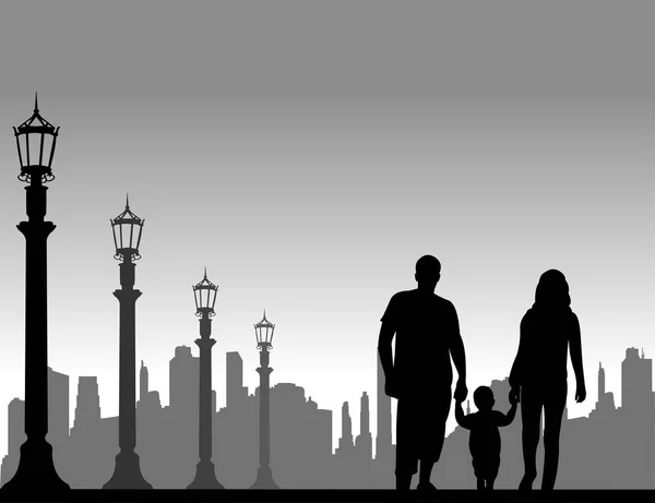 Οικογένεια περπάτημα με το παιδί τους στο δρόμο — Διανυσματικό Αρχείο