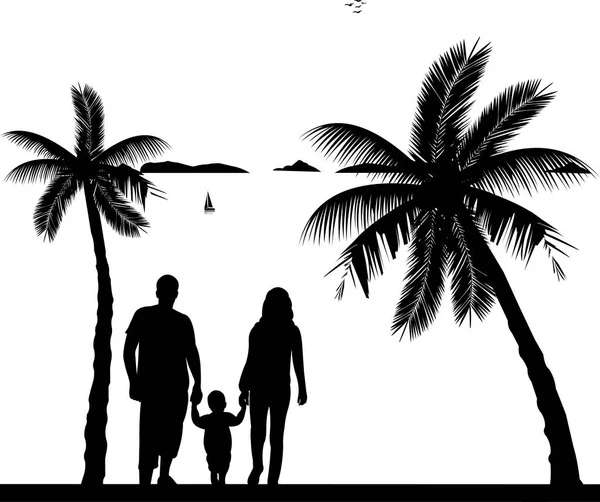 Familia caminando con su hijo en la playa — Vector de stock