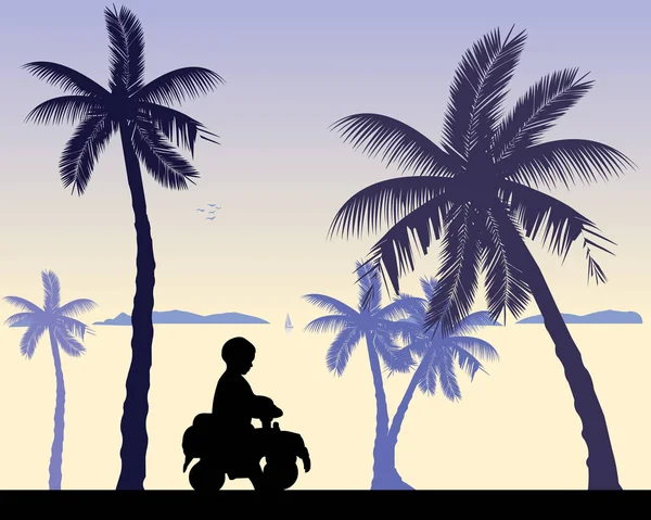 Мальчик за рулем игрушечной машины на пляже — стоковый вектор