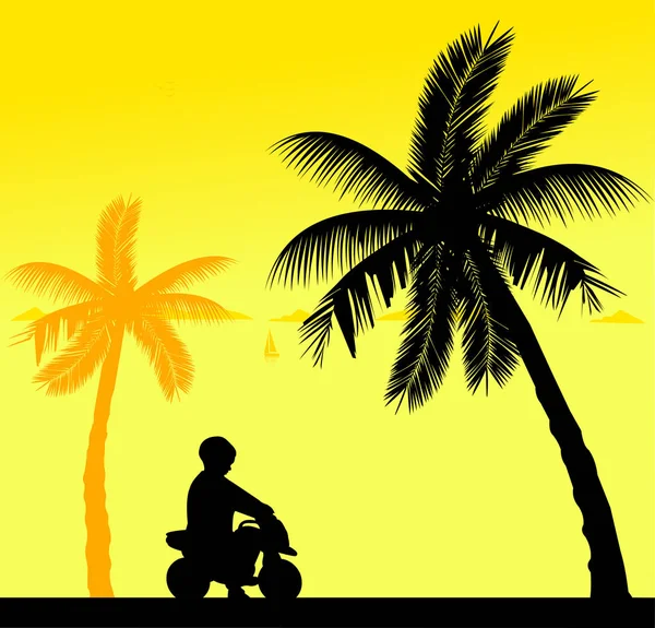 Boy rides on a motorcycle toy on the beach — Stock Vector