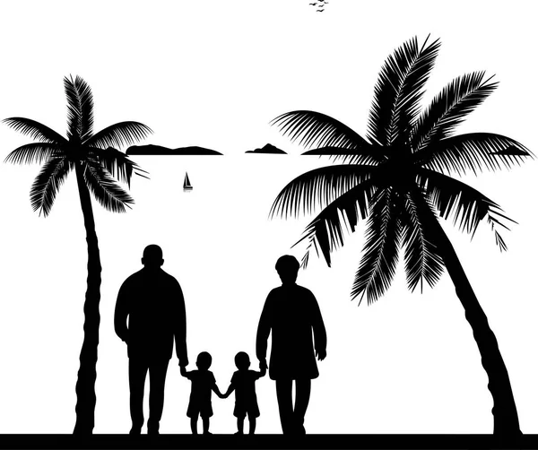Grandmother and grandfather walking with grandchildren on the beach — Stock Vector