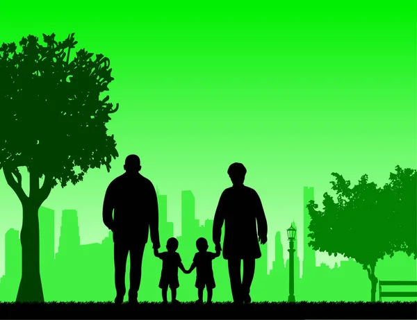 Grandmother and grandfather walking with grandchildren in park — Stock Vector