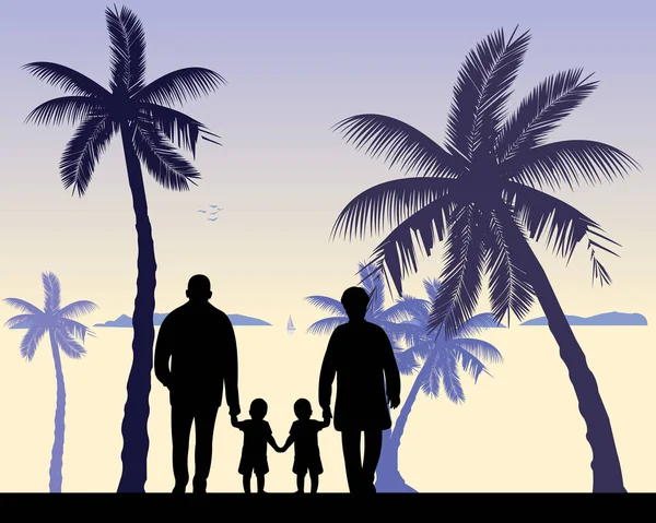 Büyükannesi ve dedesi torunları ile Sahilde yürüyüş — Stok Vektör