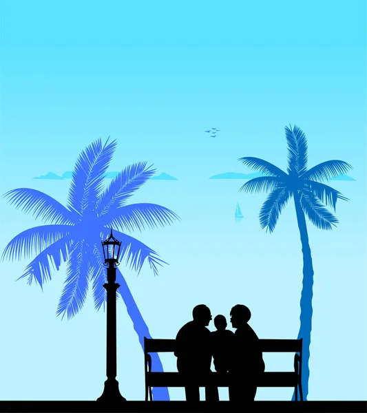 Grandmother and grandfather siting with grandchild on the beach — Stock Vector