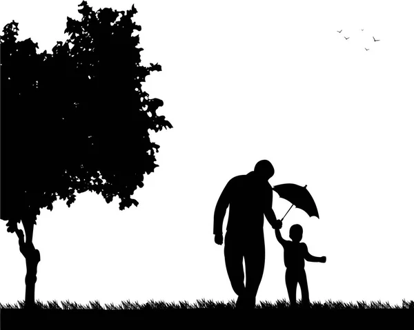 Padre caminando con su hijo en el parque con paraguas — Archivo Imágenes Vectoriales