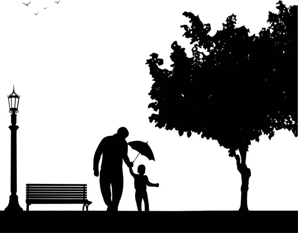 Père marchant avec son enfant dans le parc avec parapluie — Image vectorielle