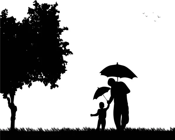 Pai andando sob os guarda-chuvas com seu filho no parque — Vetor de Stock
