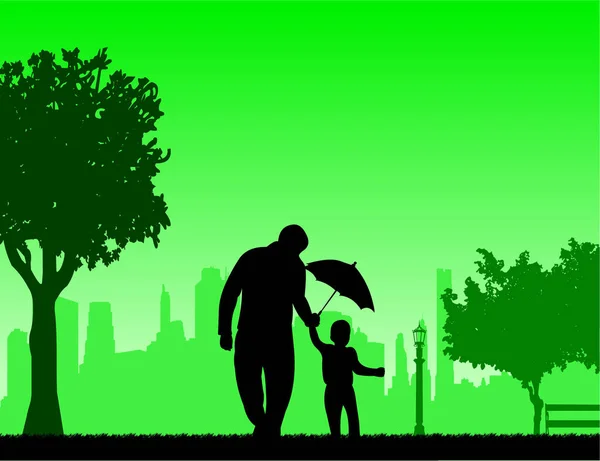 Батько гуляє зі своєю дитиною в парку з парасолькою — стоковий вектор