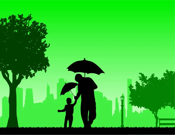 Father walking under the umbrellas with his child in park — Stock Vector