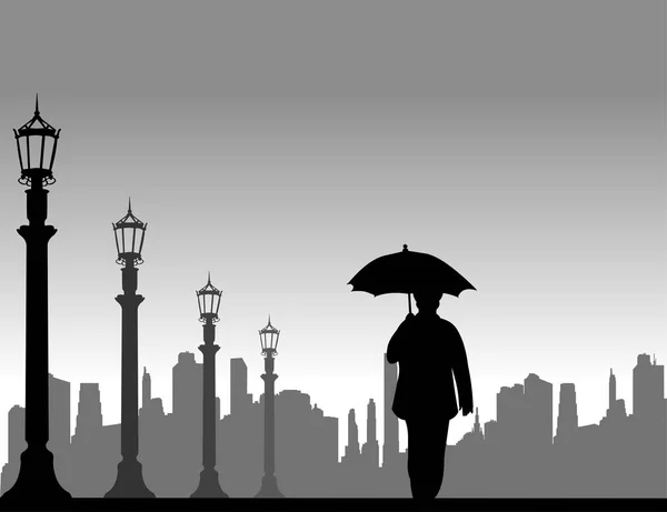 Belle femme âgée à la retraite marchant sous le parapluie dans la rue — Image vectorielle