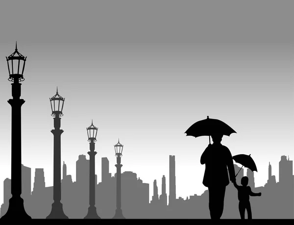 Grandmother walking with her grandson under the umbrellas on the street — Stock Vector