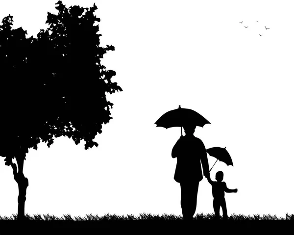 Γιαγιά, περπατώντας με τον εγγονό της κάτω από τις ομπρέλες στο πάρκο — Διανυσματικό Αρχείο