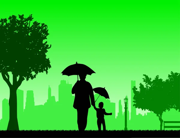 Grandmother walking with her grandson under the umbrellas in the park — Stock Vector