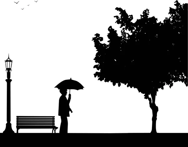 Прекрасная пожилая женщина на пенсии, гуляющая под зонтиком в парке — стоковый вектор