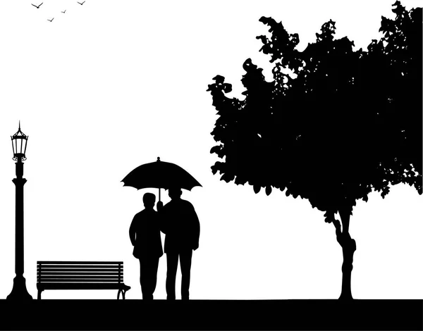 Прекрасная пожилая пара на пенсии, гуляющая под зонтиком в парке — стоковый вектор