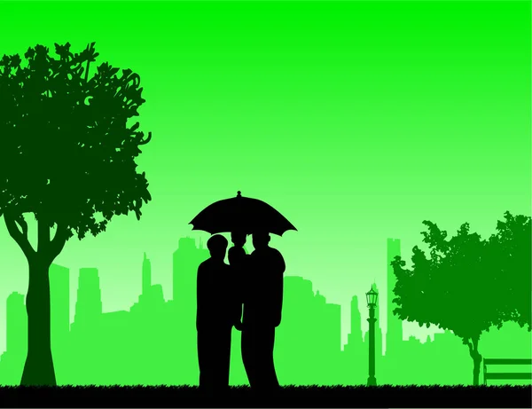 Babička a dědeček chůzi pod deštníkem s vnouče v parku — Stockový vektor