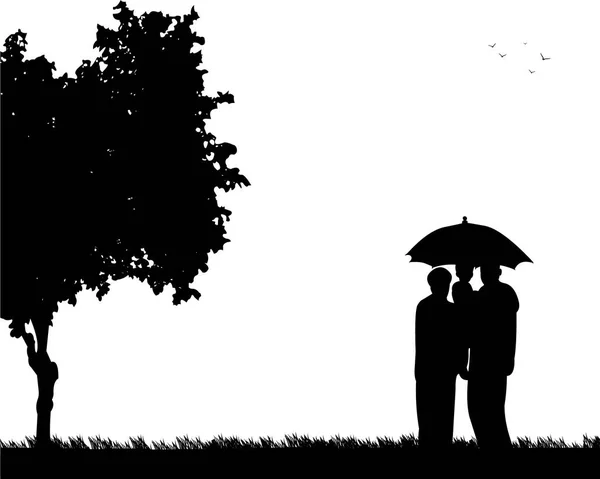 Mormor och morfar gå under paraply med barnbarn i park — Stock vektor