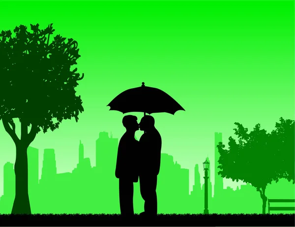 可爱的退休老夫妇站和公园里的伞下亲吻 — 图库矢量图片