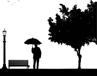 Güzel Park şemsiyesi altında yürüyen yaşlı adam emekli