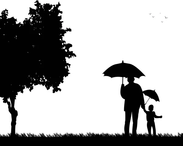 Nonno che cammina con suo nipote sotto gli ombrelli del parco — Vettoriale Stock