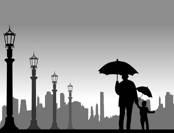 Dziadek, chodzenie z wnuka pod parasolami na ulicy — Wektor stockowy