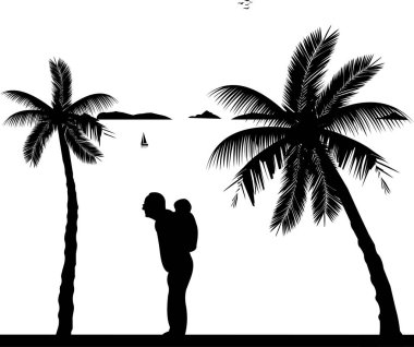 Sahilde bir çocuk sırtlama taşıyan dedesi