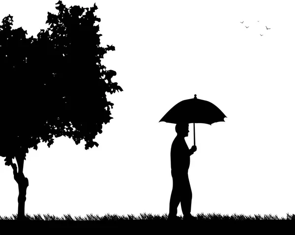 Jovem caminhando sob o guarda-chuva no parque — Vetor de Stock