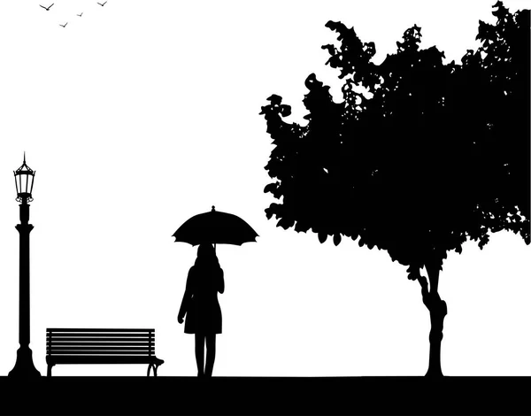 Young woman walking under the umbrella in park — Stock Vector