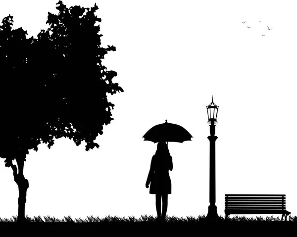 Mujer joven caminando bajo el paraguas en el parque — Archivo Imágenes Vectoriales