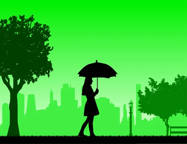 Молодая женщина, гуляющая под зонтиком в парке — стоковый вектор