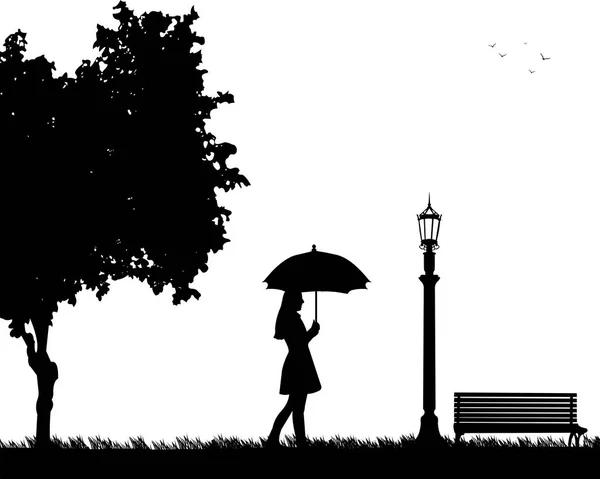 Young woman walking under the umbrella in park — Stock Vector