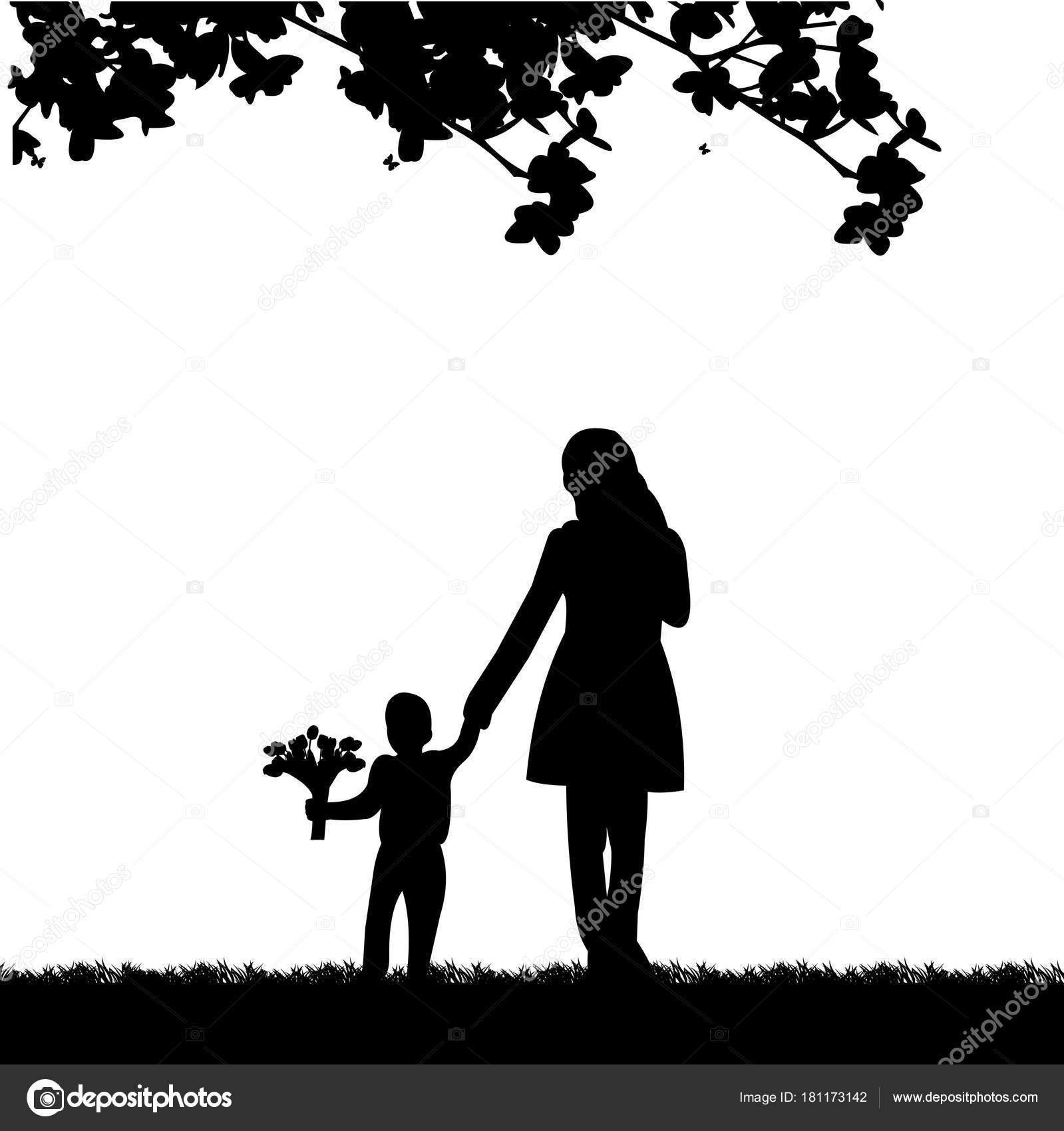Mother Walks Son Flowers Park One Series Similar Images Silhouette