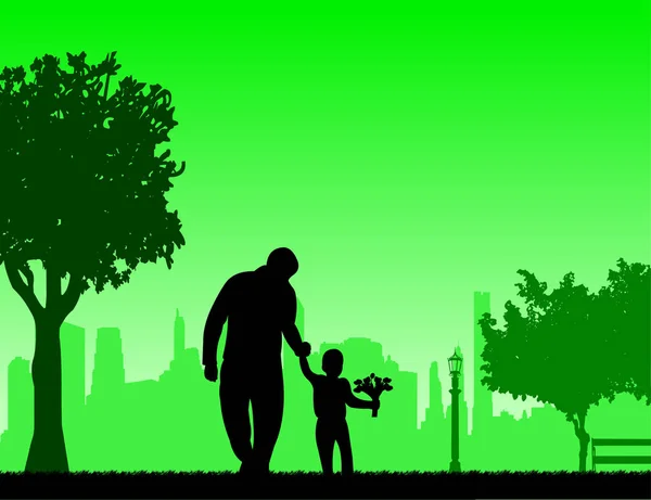 Padre Cammina Con Figlio Con Fiori Nel Parco Uno Nella — Vettoriale Stock