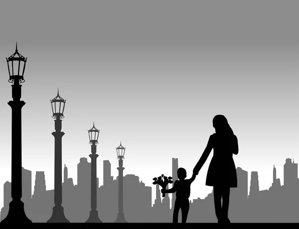 類似画像のシルエットのシリーズの 街頭で花の息子と母を歩く — ストックベクタ
