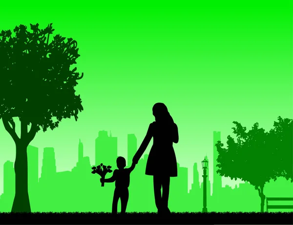 類似画像のシルエットのシリーズの 公園の花の息子と母を歩く — ストックベクタ
