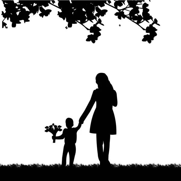 Mother Walks Son Flowers Park One Series Similar Images Silhouette — Stock Vector