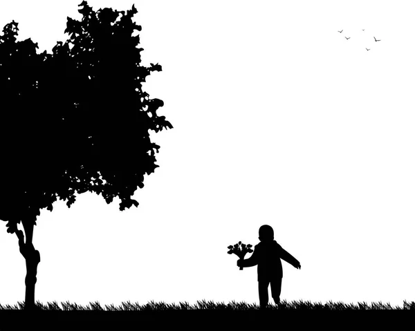 Ragazzo Che Corre Con Bouquet Tulipani Nella Silhouette Del Parco — Vettoriale Stock