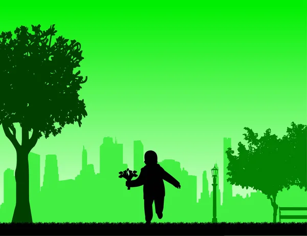 Niño Corriendo Con Ramo Tulipanes Silueta Del Parque Uno Serie — Vector de stock