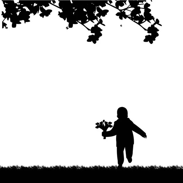 Ein Junge Der Mit Einem Tulpenstrauß Der Park Silhouette Rennt — Stockvektor