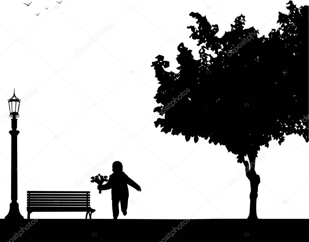 A boy running with a tulip bouquet in the park silhouette, one in the series of similar images
