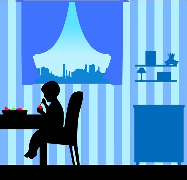 Coloriage Enfant Oeufs Pâques Assis Dans Chaise Sur Silhouette Table — Image vectorielle